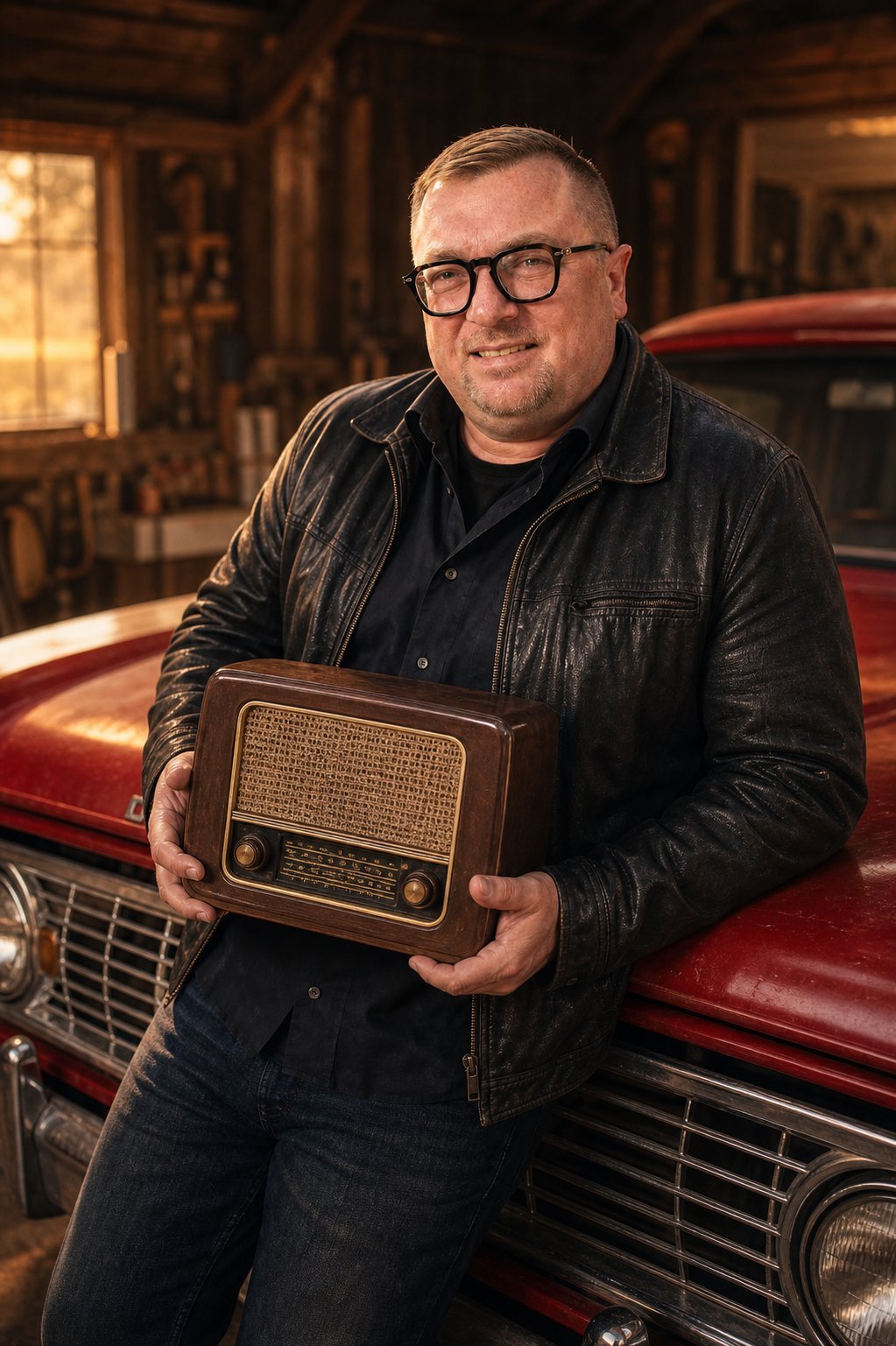 Tobias Stein mit einem historischen Radio vor seinem roten Dodge