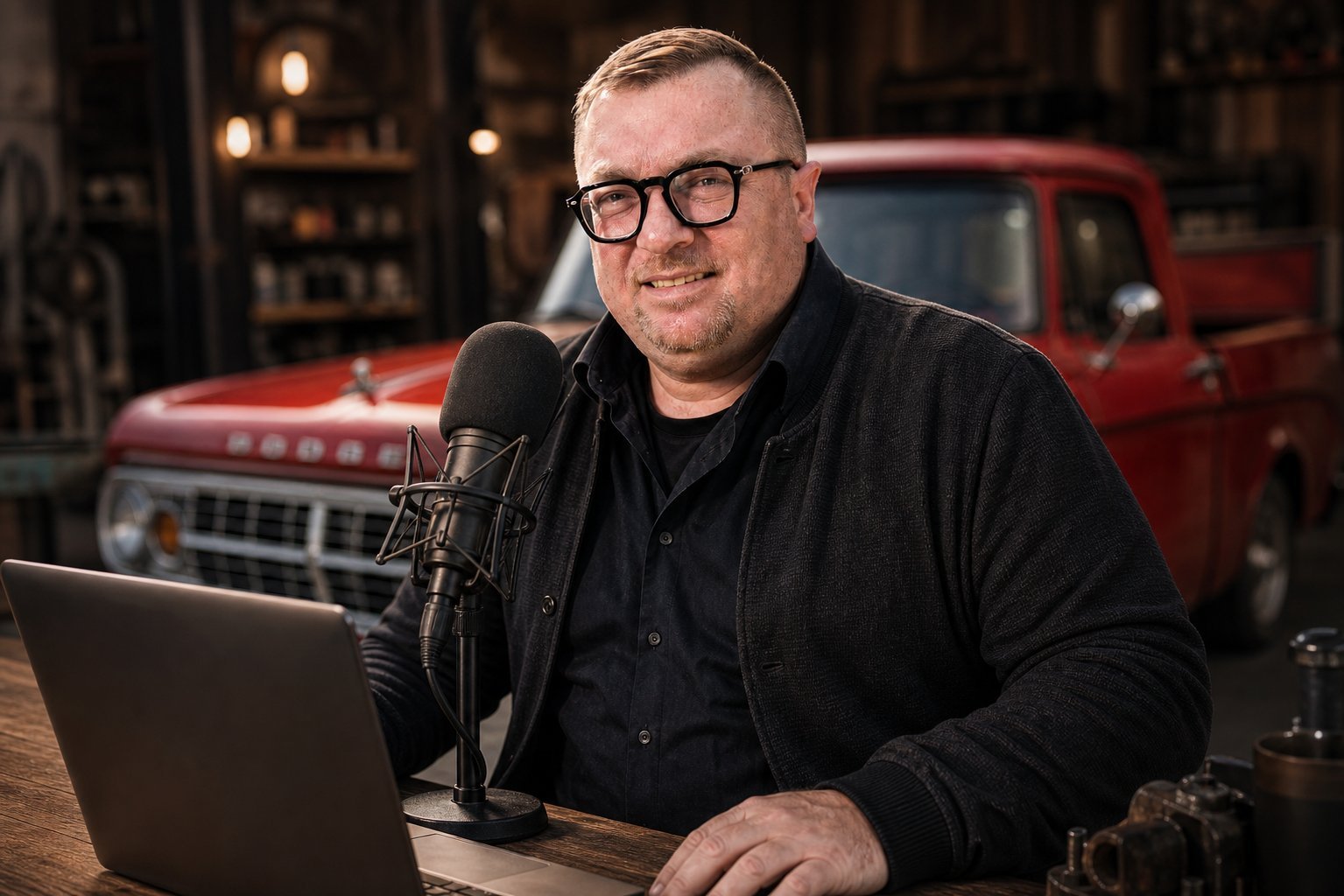 Tobias Stein am Radiomikrofon mit Notebook und seinem roten Dodge im Hintergrund